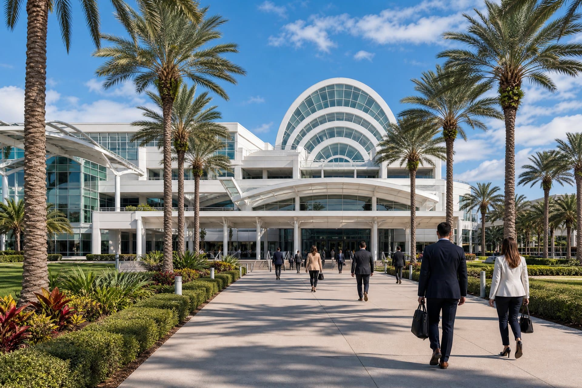 Convention attendees approaching a palm-lined Orlando exhibition center