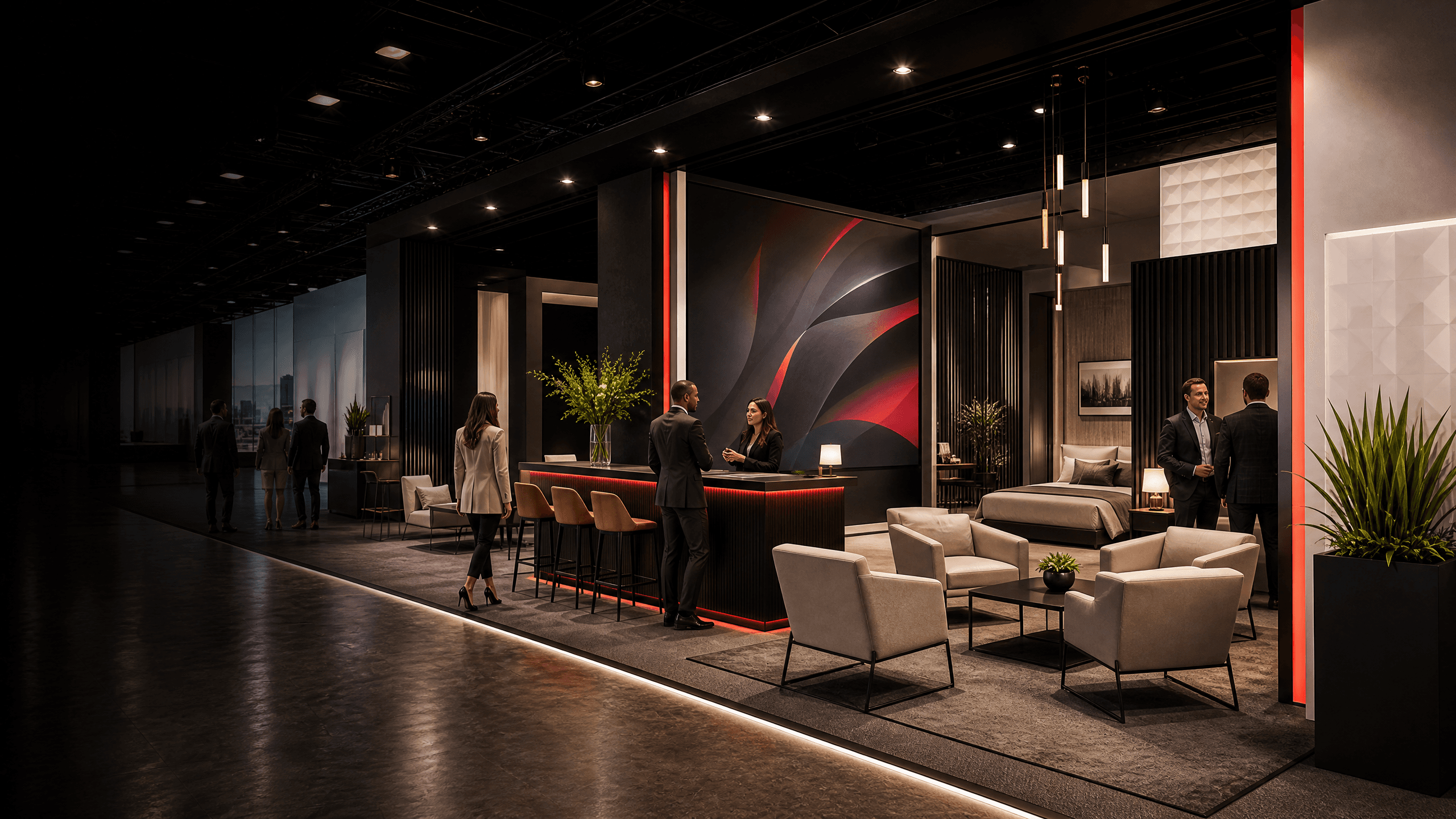 Illustrative hospitality brand environment with lounge seating and service counter