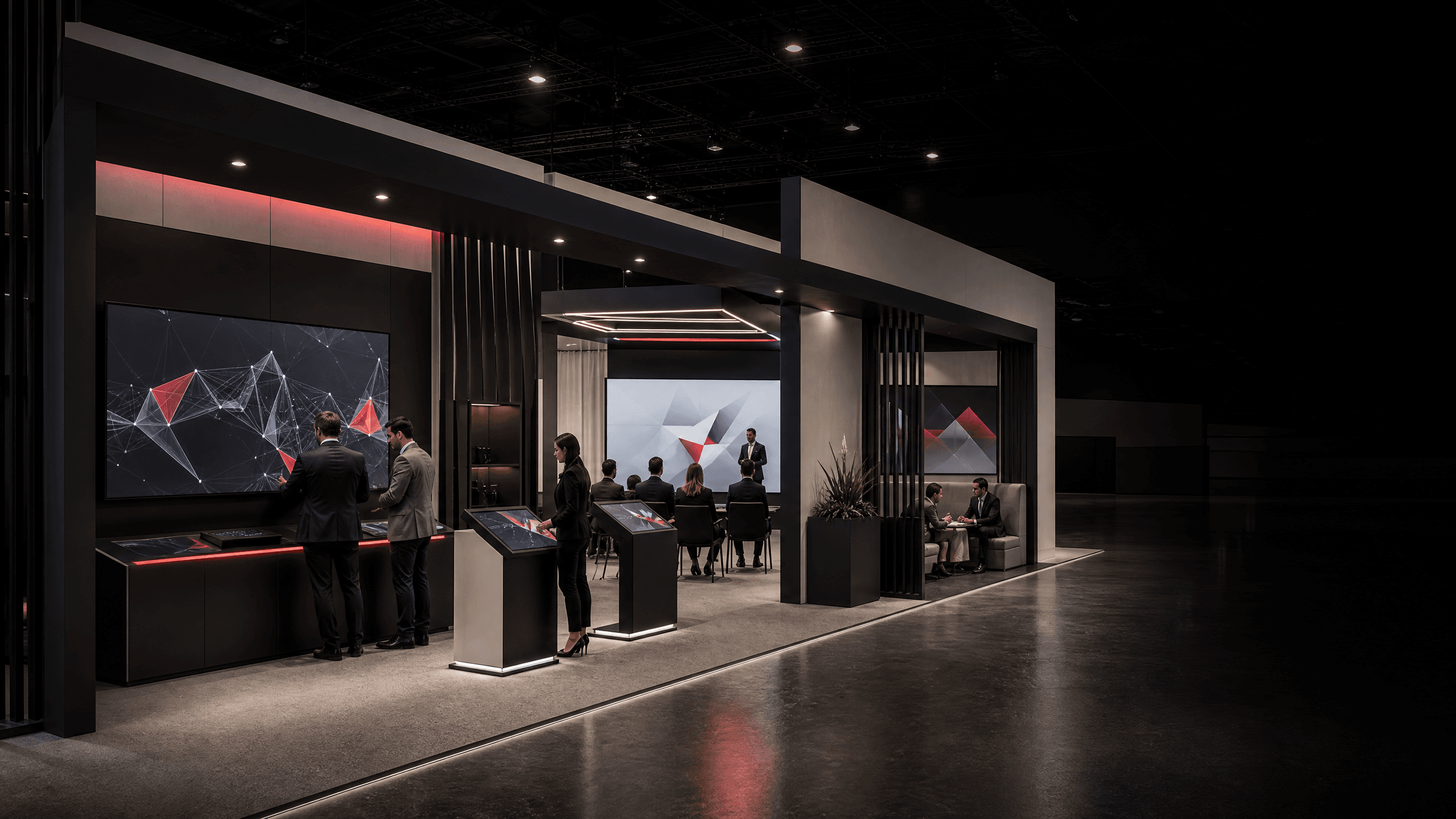 Illustrative technology trade show exhibit with live product demonstrations
