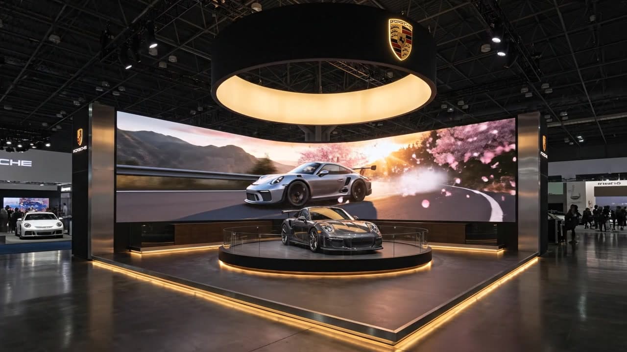 30x30 Porsche LED exhibit with a curved video wall, vehicle display podium, illuminated halo, and open visitor circulation