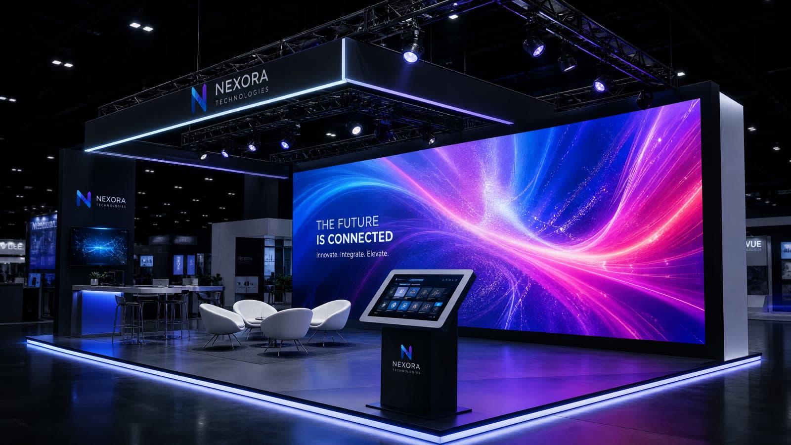 High-resolution LED video wall and interactive technology integrated into a modern exhibit design