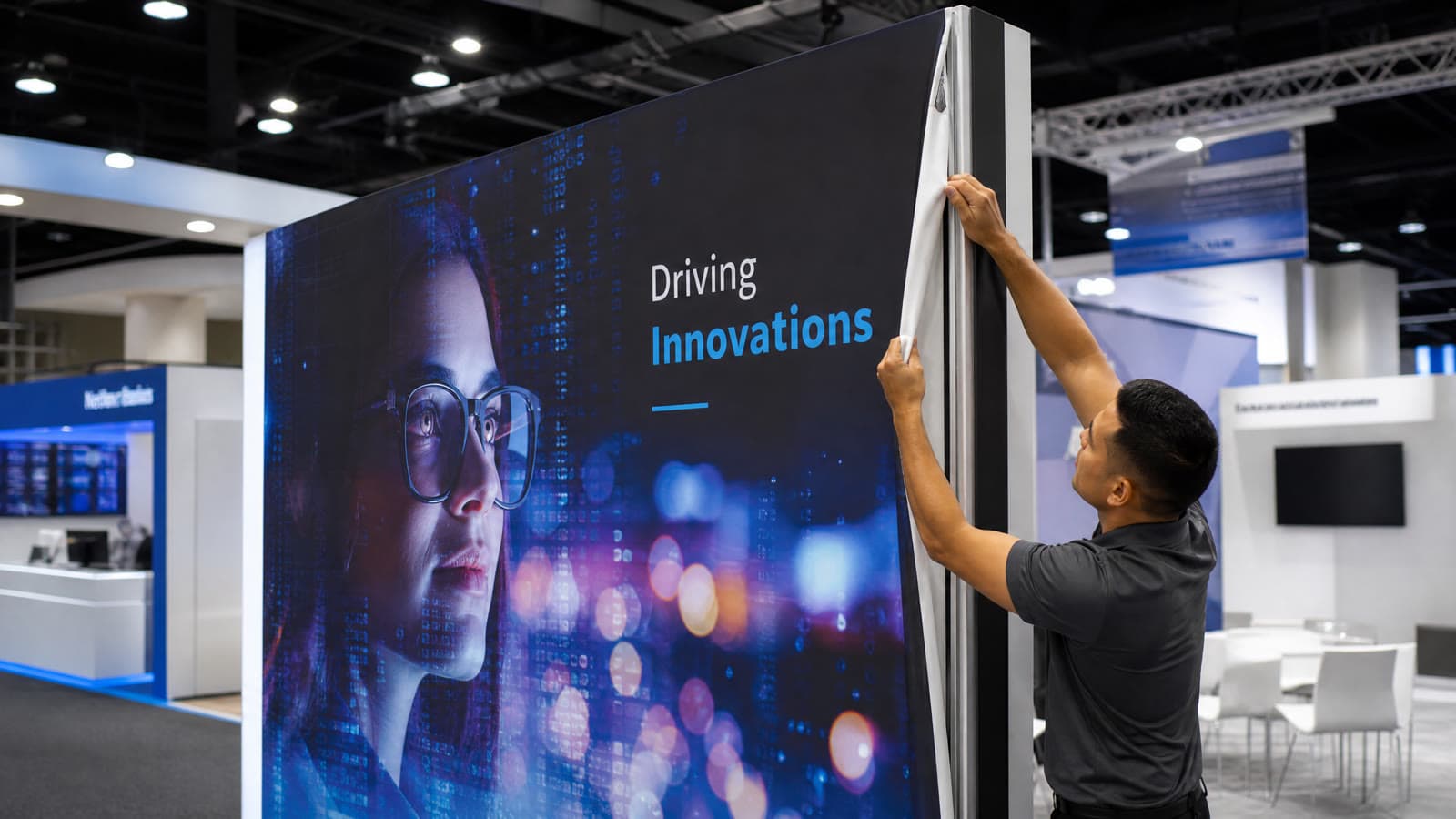 Professional graphic installer applying high-resolution silicone edge fabric graphics to an exhibit frame