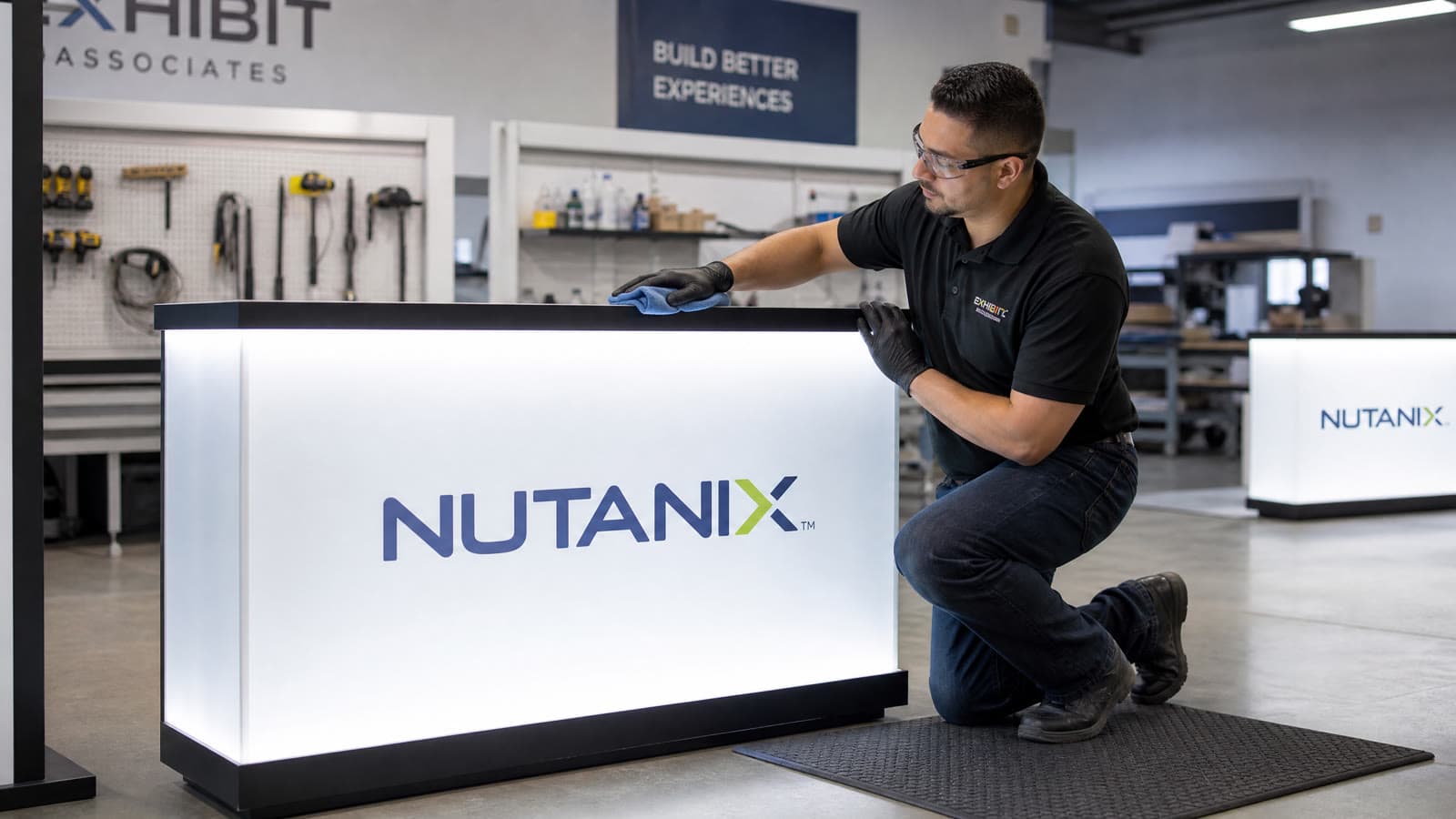 Technician carefully inspecting and refurbishing an exhibit counter for ongoing program support