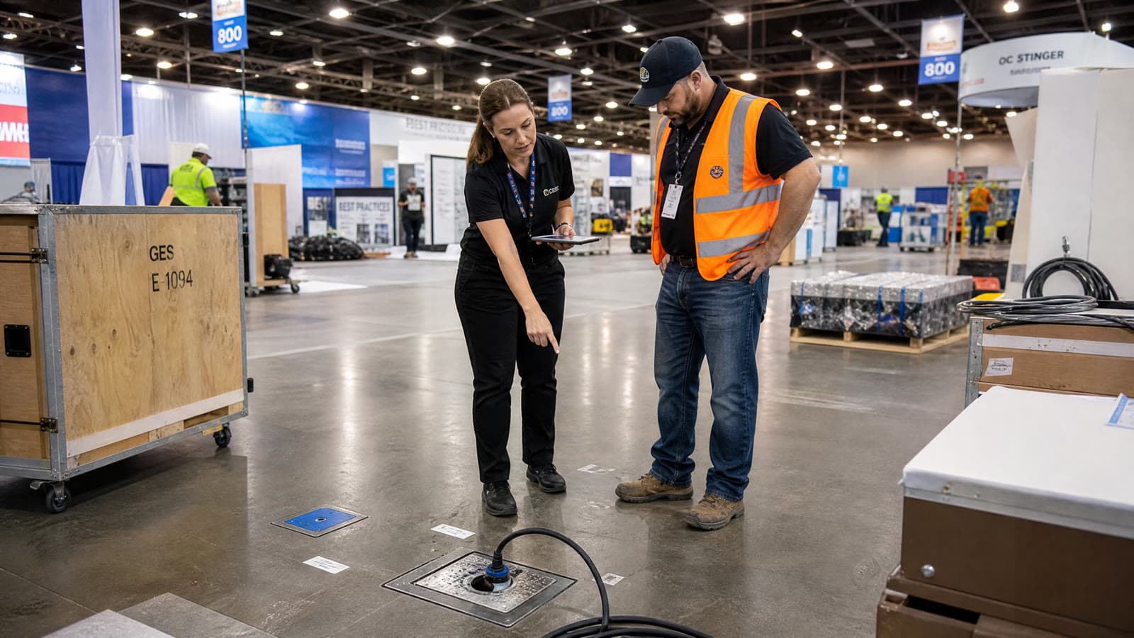 Exhibit coordinator planning utility floor ports and show services with an installation worker