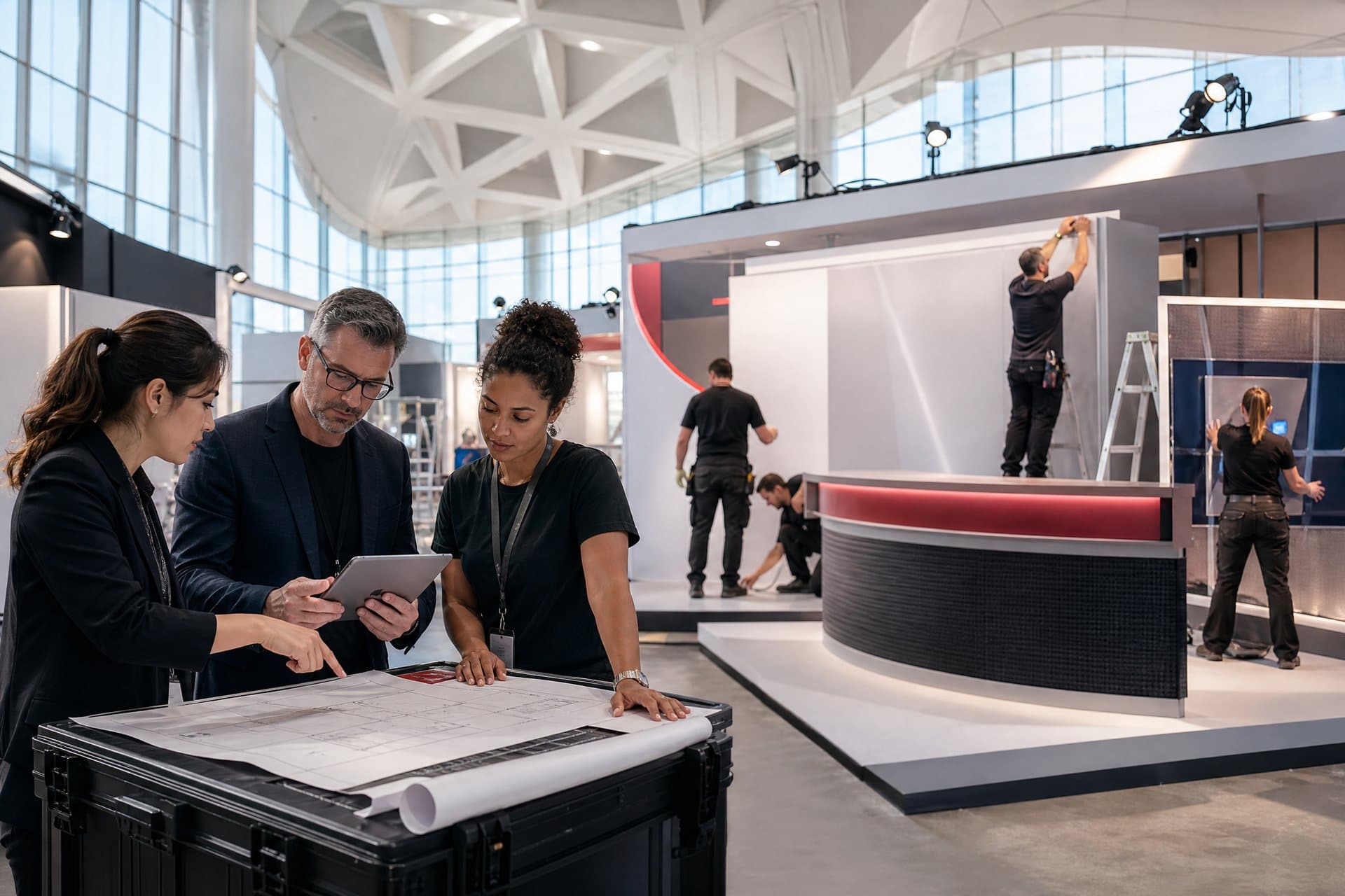 Event marketing team reviewing plans during a brand activation installation