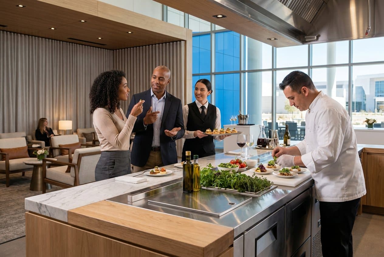 Chef-led hospitality tasting with food service and hosted guest conversations