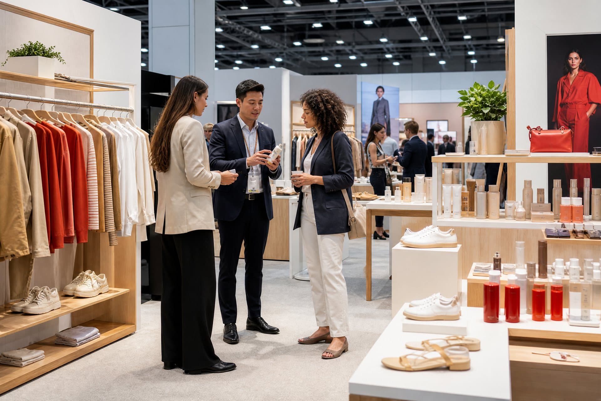 Retail buyers reviewing apparel and consumer products at a trade event