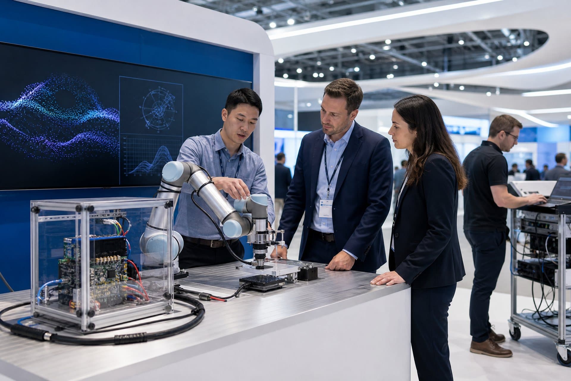 Engineer demonstrating robotics and sensor technology to business visitors