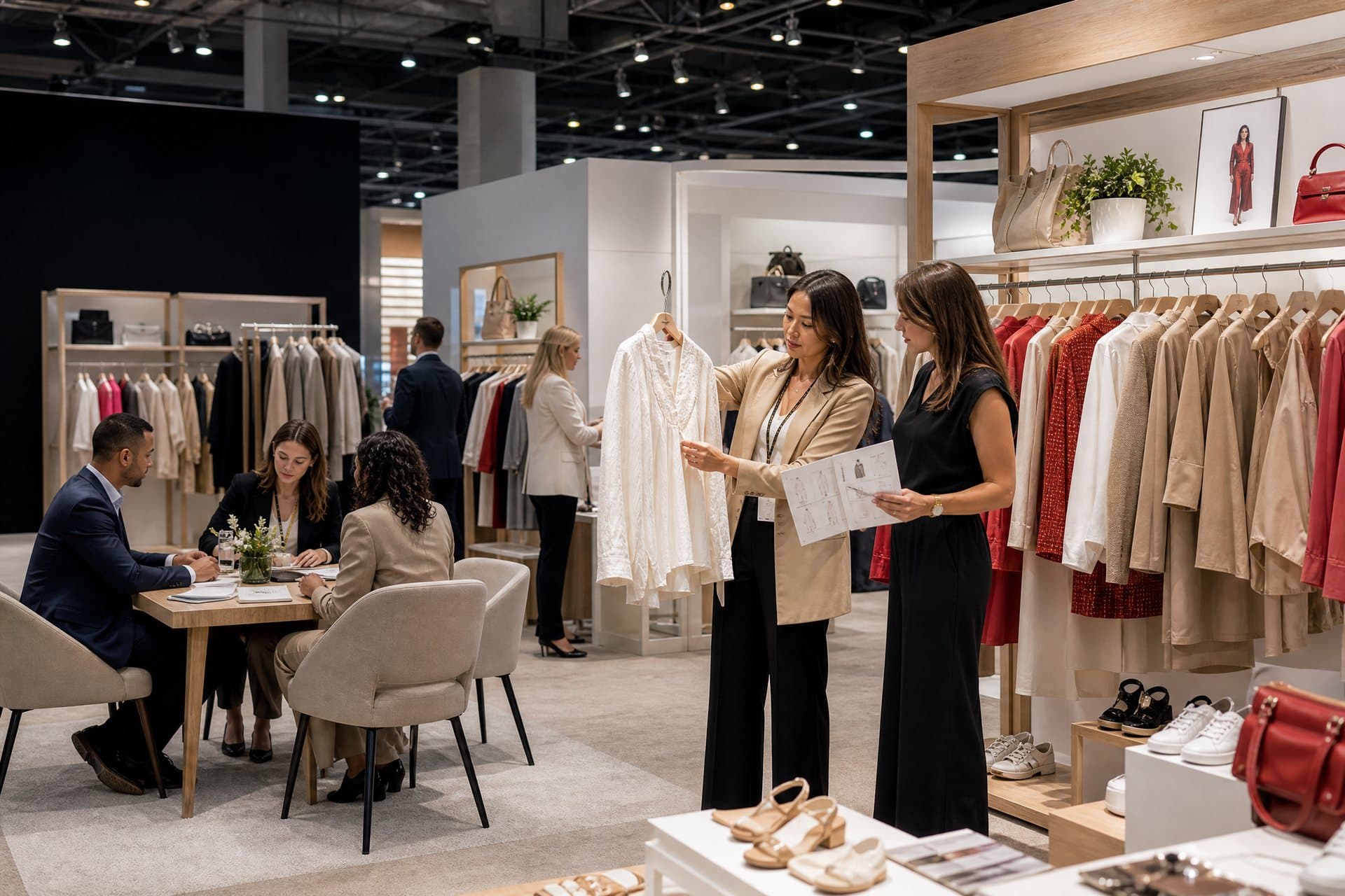 Fashion buyers reviewing apparel and accessories at a wholesale trade event